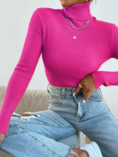 Mulvari Women's Casual Solid Color Turtleneck Slim Fit Long Sleeve Sweater, Autumn/Winter