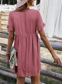 Tie Neck Flounce Sleeve Smock Dress - Dusty Pink - View 2