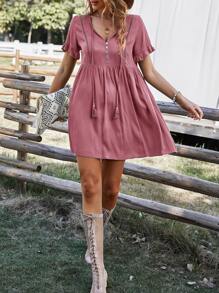 Tie Neck Flounce Sleeve Smock Dress - Dusty Pink - View 5
