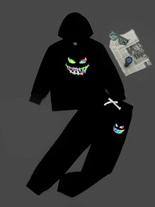 SHEIN Boys Reflective Expression Print Hoodie & Bow Front Joggers - Black - View 1
