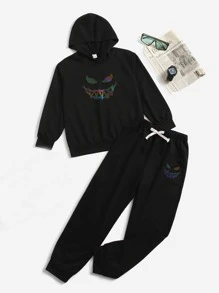 SHEIN Boys Reflective Expression Print Hoodie & Bow Front Joggers - Black - View 3
