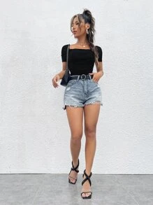 SHEIN Privé Square Neck Ruched Mesh Top