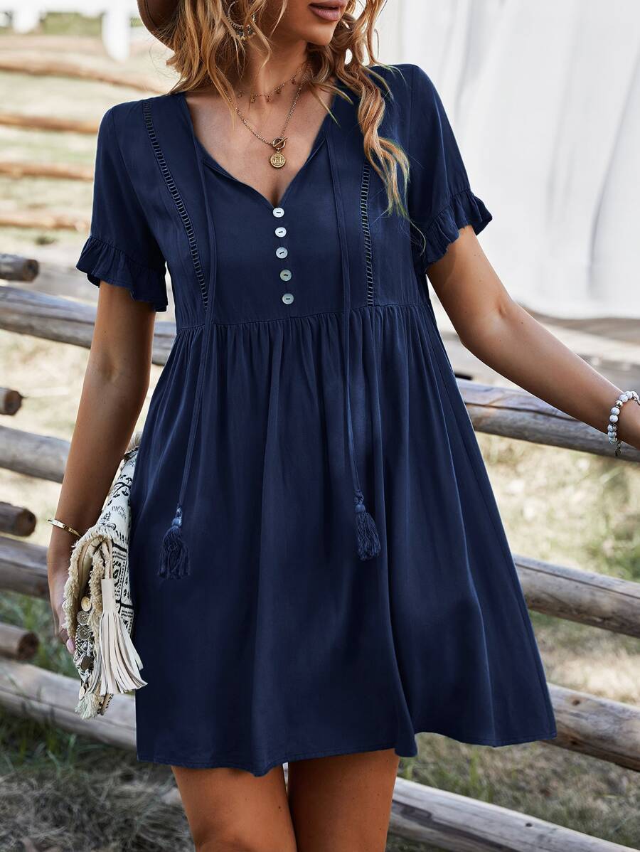 V Neck Fringe Babydoll Dress - Navy Blue - View 1