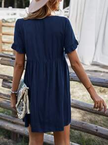 V Neck Fringe Babydoll Dress - Navy Blue - View 2