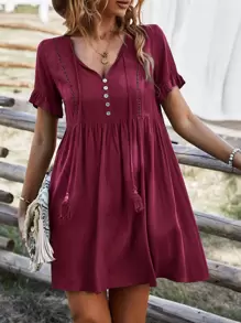 Tie Neck Flounce Sleeve Smock Dress - Burgundy - View 1