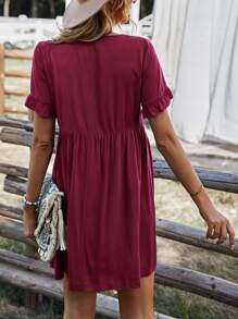 Tie Neck Flounce Sleeve Smock Dress - Burgundy - View 2