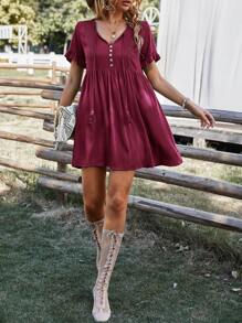 Tie Neck Flounce Sleeve Smock Dress - Burgundy - View 3