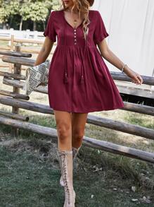 Tie Neck Flounce Sleeve Smock Dress - Burgundy - View 4