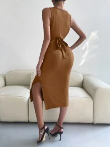 Vestido cruzado con nudo trasero de muslo con abertura - Marrón Mocha - Ver 2