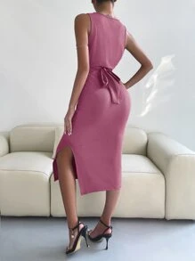 Crossover Knot Back Split Thigh Dress - Pink - View 2