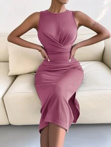 Crossover Knot Back Split Thigh Dress - Pink - View 4