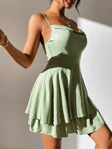SHEIN PETITE Draped Layered Hem Cami Dress - Mint Green - View 4