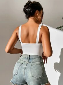 SHEIN PETITE Áo liền quần ôm nữ Hội Chữ thập màu trơn Gợi cảm - trắng - Xem 2