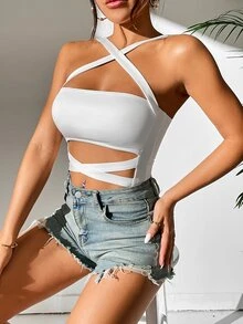 SHEIN PETITE Áo liền quần ôm nữ Hội Chữ thập màu trơn Gợi cảm - trắng - Xem 5