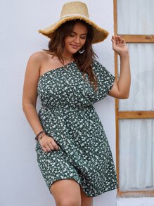 大碼小碎花單肩蝙蝠袖連衣裙 - 彩色 - 查看 1