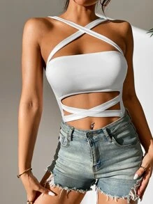 SHEIN PETITE Áo liền quần ôm nữ Hội Chữ thập màu trơn Gợi cảm - trắng - Xem 1