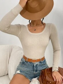 SHEIN Essnce Suéter de punto acanalado con cuello de barco, Tops de manga larga - Camel - Ver 3