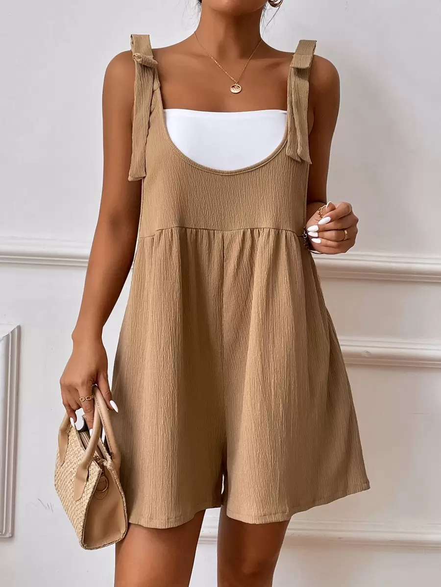 1pc Solid Bow Shoulder Overall Romper - Khaki - View 1