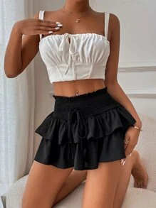 SHEIN Privé 打褶腰部打結多層下擺半身裙 - 黑色 - 查看 4
