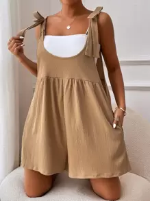 1pc Solid Bow Shoulder Overall Romper - Khaki - View 4