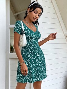 Ditsy Floral Print Roll Tab Sleeve Dress - Dark Green - View 4