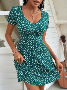 Ditsy Floral Print Roll Tab Sleeve Dress - Dark Green - View 6