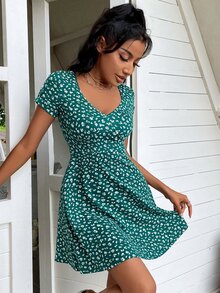 Ditsy Floral Print Roll Tab Sleeve Dress - Dark Green - View 7
