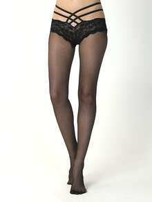 Criss Cross Contrast Lace Tights - Black - View 2