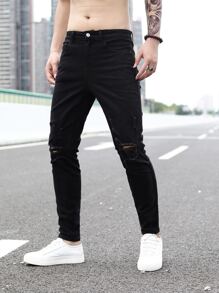 Manfinity Men Ripped Skinny Jeans - Black - View 5