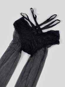 Criss Cross Contrast Lace Tights - Black - View 7