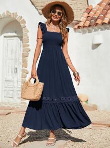 Breezaya Shirred Guipure Lace Insert Ruffle Hem Dress - Navy Blue - View 1