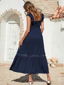 Breezaya Shirred Guipure Lace Insert Ruffle Hem Dress - Navy Blue - View 2