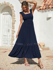 Breezaya Shirred Guipure Lace Insert Ruffle Hem Dress - Navy Blue - View 3