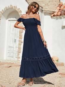 Breezaya Shirred Guipure Lace Insert Ruffle Hem Dress - Navy Blue - View 4