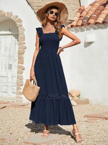 Breezaya Shirred Guipure Lace Insert Ruffle Hem Dress - Navy Blue - View 6