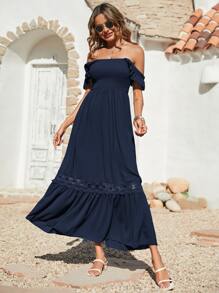 Breezaya Shirred Guipure Lace Insert Ruffle Hem Dress - Navy Blue - View 8