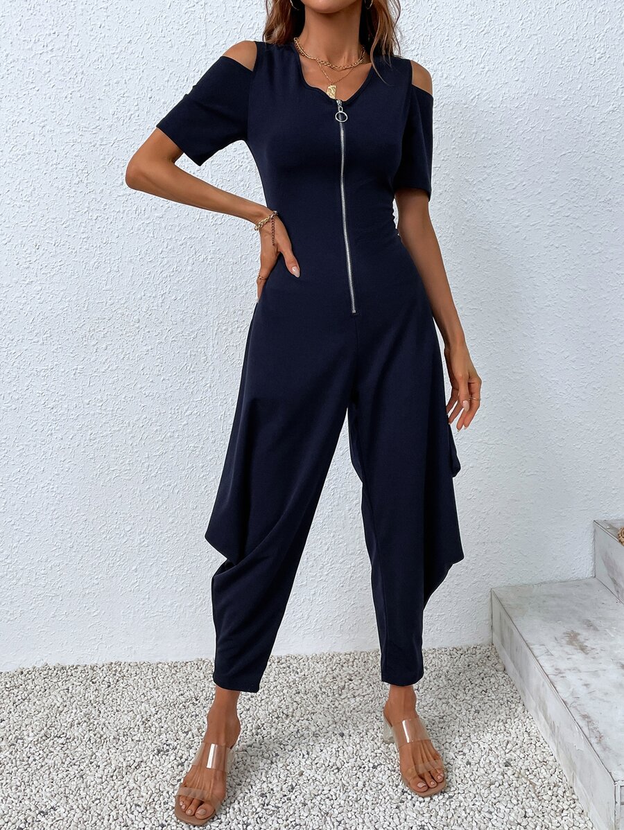 Zip Up Cold Shoulder Jumpsuit - Navy Blue - View 1