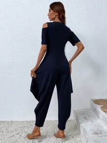 Zip Up Cold Shoulder Jumpsuit - Navy Blue - View 2