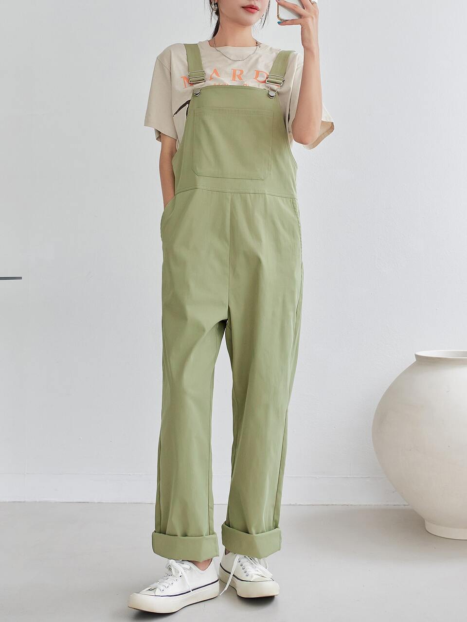 Solid Patched Pocket Overall Jumpsuit Without Tee Women Rompers
