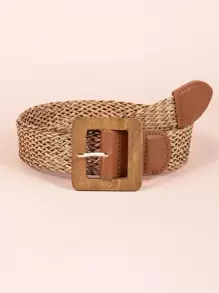 1入組棕色波西米亞草編手工編織彈性腰帶方形木頭扣飾編織細節女士皮帶腰帶適用於洋裝適合夏天 - 棕色 - 查看 1