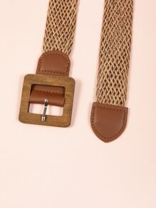 1入組棕色波西米亞草編手工編織彈性腰帶方形木頭扣飾編織細節女士皮帶腰帶適用於洋裝適合夏天 - 棕色 - 查看 3