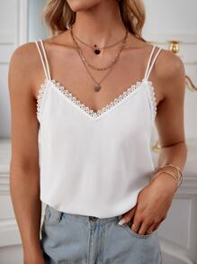 SHEIN Frenchy 拼接水溶蕾絲雙帶吊帶上衣 - 白色 - 查看 3