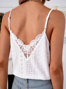 SHEIN Frenchy Eyelet Embroidery Contrast Guipure Lace Scallop Trim Cami Top Summer White White - White - View 3