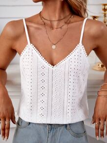 SHEIN Frenchy Eyelet Embroidery Contrast Guipure Lace Scallop Trim Cami Top Summer White White - White - View 4
