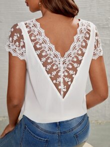 SHEIN Frenchy Contrast Embroidery Mesh Blouse Summer Elegant White - White - View 1