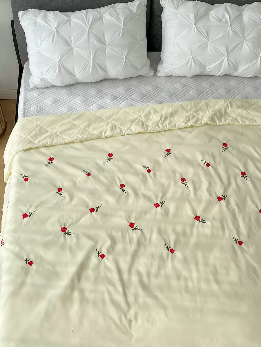 Rose Embroidered Quilted Bedspread - Yellow - View 1