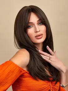 蝴蝶发型深棕色假发合成耐热直发假发带刘海，24 英寸长，全机器编织日常自然逼真假发礼品闪购 - Dark Brown - 查看 4