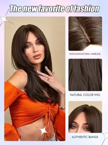 蝴蝶发型深棕色假发合成耐热直发假发带刘海，24 英寸长，全机器编织日常自然逼真假发礼品闪购 - Dark Brown - 查看 7