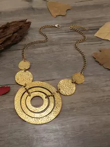 1入組復古鋅合金紋理質感圓形吊飾圍兜項鍊適用於女士日常裝飾 - 復古銀色 - 查看 11