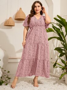 Mulvari Vestido con estampado de manga mariposa bajo con fruncido - Rosa vieja - Ver 4